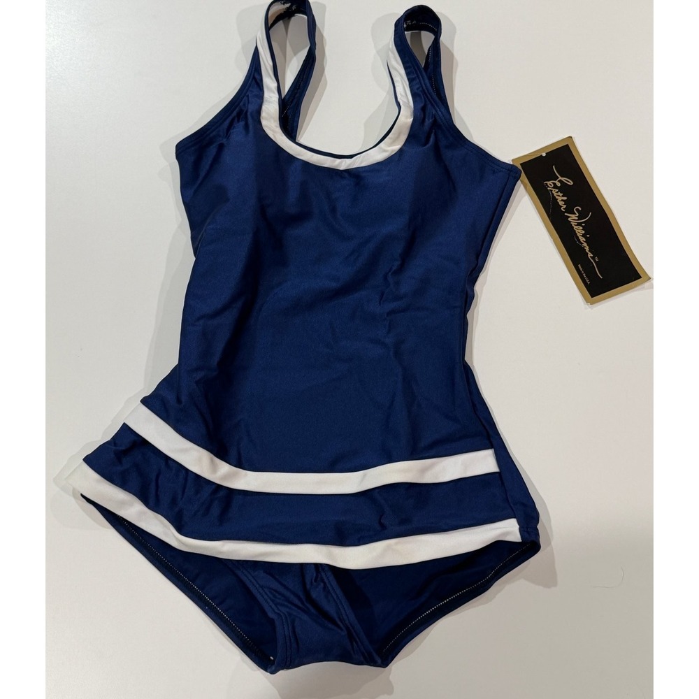 Esther Williams Women's Navy Blue White Size 6 Skirted One Piece Swimsuit NWT